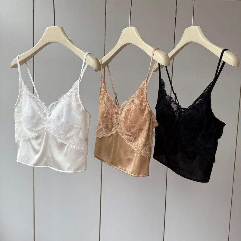 19mm Stretch Satin Integrated Silk-Cotton Pad! Lace-Trimmed V-Neck, Lightweight, Comfortable, Breathable, One-Shoulder Beauty Back Strap for Women