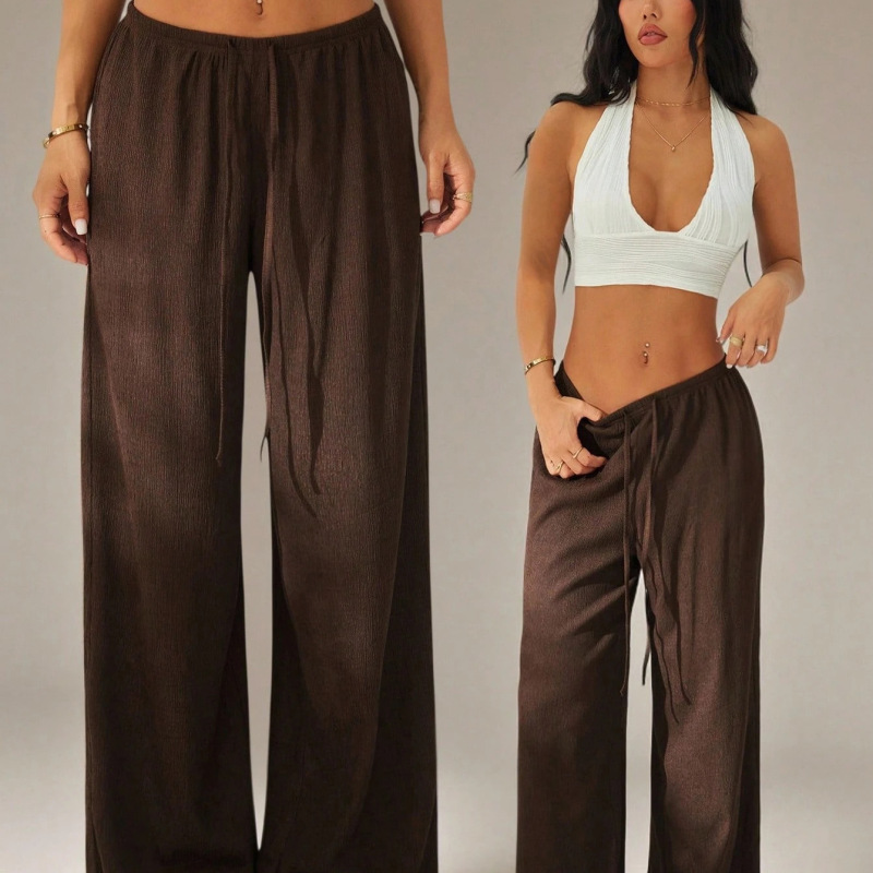 2026 Cross-Border European and American Amazon Casual Style Loose-Fitting Tie-Waist Low-Waist Solid Color Wide-Leg Straight Floor-Length Pants 2026 Cross-Border European and American Amazon Casual Style Loose-Fitting Tie-Waist Low-Waist Solid Color Wide-Leg Straight Floor-Length Pants
