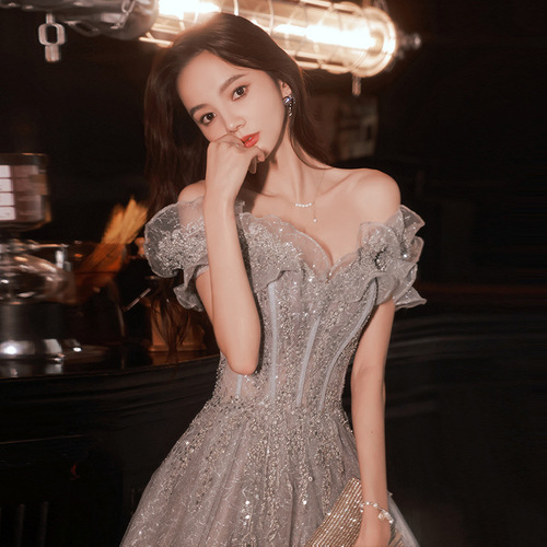 Silver sequins glitter Evening dresses female temperament annual meeting of the new of shoulder the host party birthday art piano solo dress