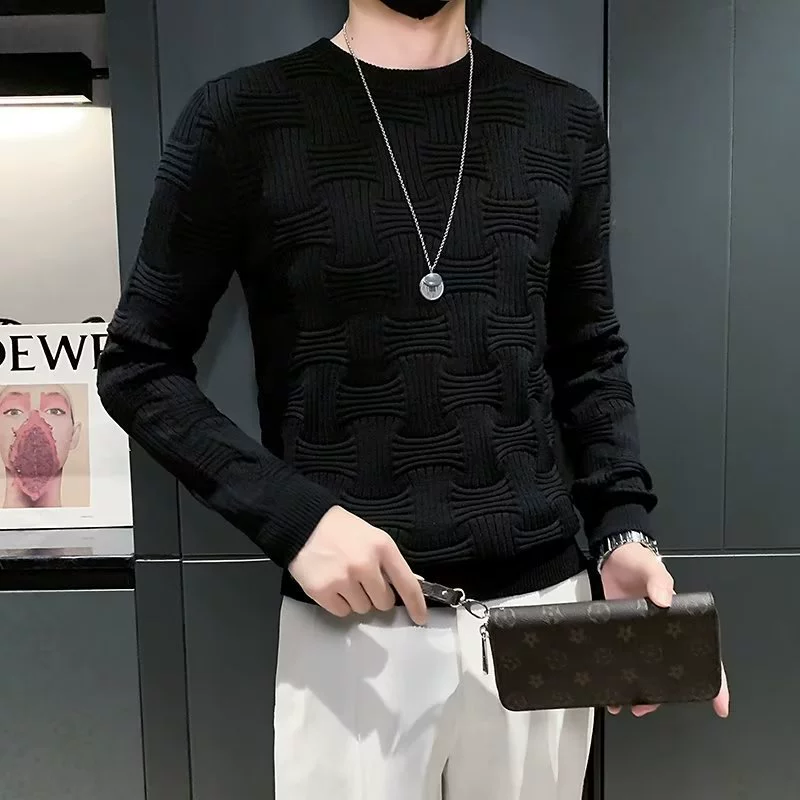 Мужской эластичный цветной вязаный демисезонный базовый свитер, slim fit