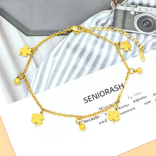 Titanium steel does not fade four-leaf clover ankle chain for women, round beads, Korean version, simple and fashionable, Instagram style, foreign trade cross-border wholesale