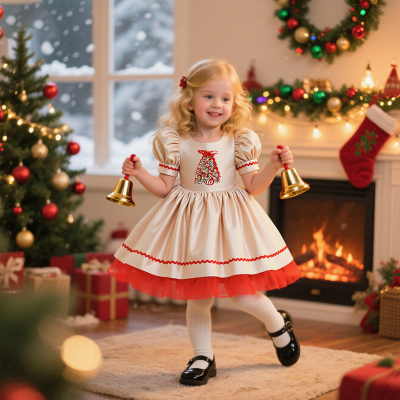 Girls Dress Girl Princess Dress Satin Champagne Color Flower Girl Christmas Performance Baby Girl First Birthday Dress