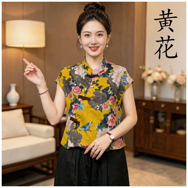 Chinese-style stand-collar printed short-sleeve top for women, summer button-up, stylish, versatile, loose, breathable, age-reducing Chinese-style shirt for women