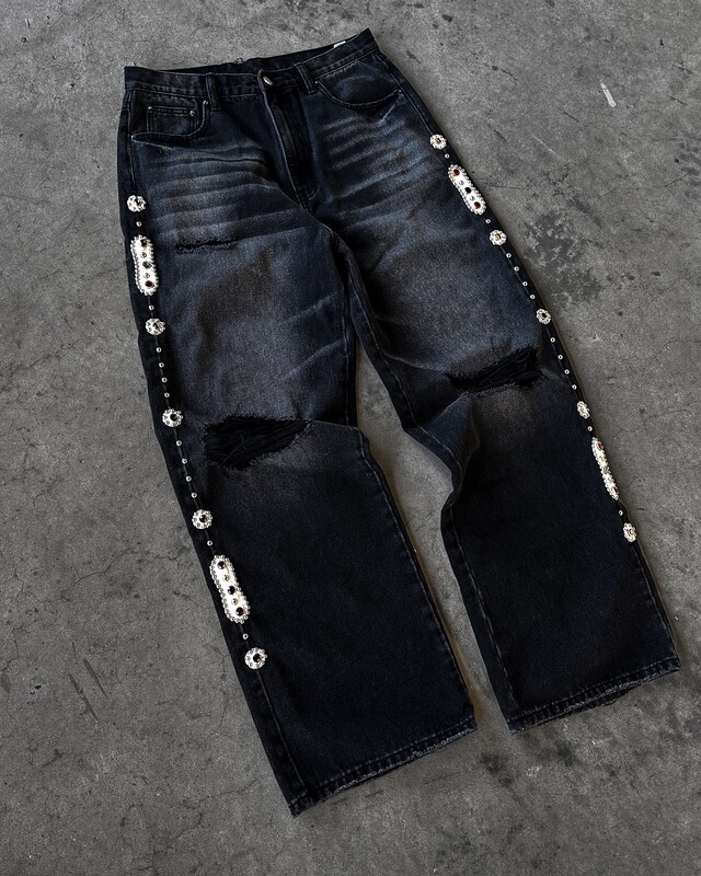 パンク復古ライン石飾り黒ジーンズY2kアメリカ街頭服装ゆるい広脚ジーンズ男|undefined