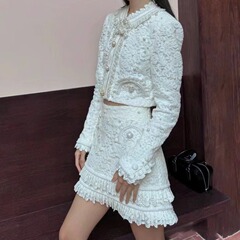 軽豪華宮廷名媛気質釘珠レース刺繍白色短コートスカート2点セット