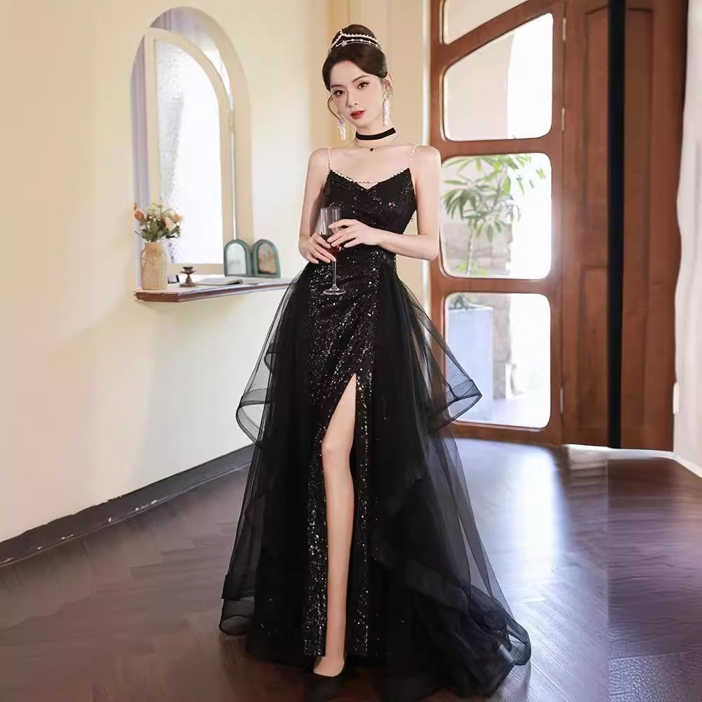 Vestido de noche negro 2026, nuevo estilo de verano, vestido de actuación con lentejuelas y tirantes, vestido de cóctel para fiesta