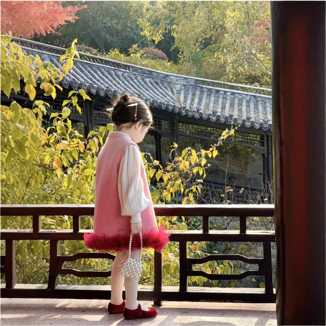 (2개) 2024 년 겨울새 아동복 신년복 걸스 국민스타일 양모 원피스 그라디언트 수정 청삼 원피스
