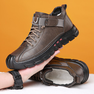 Wool Cotton Boots Winter Men's Cotton Shoes Fleece-Lined Warm High-Top Thickened Large Cotton Shoes Snow Boots Leather Boots Men Wholesale