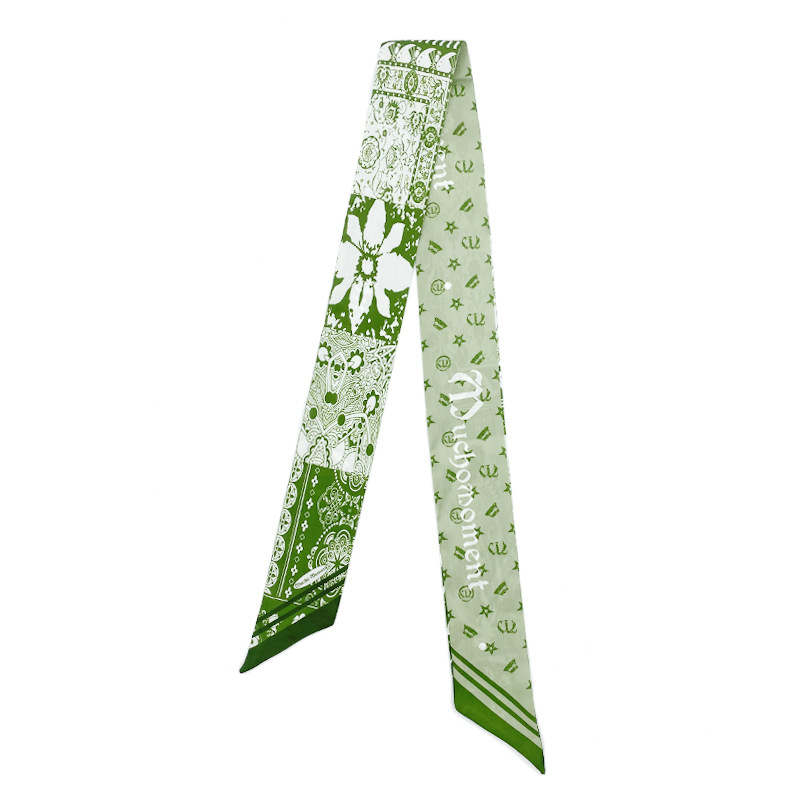 長條小絲巾女春秋裝飾時尚百搭韓國細窄小領巾綠色印花圍巾批發