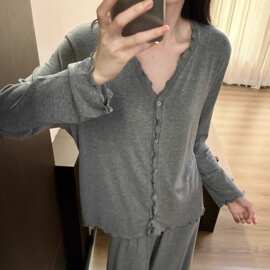 开衫新款边套头假领休闲宽松家居服套装长袖长裤睡衣女春秋