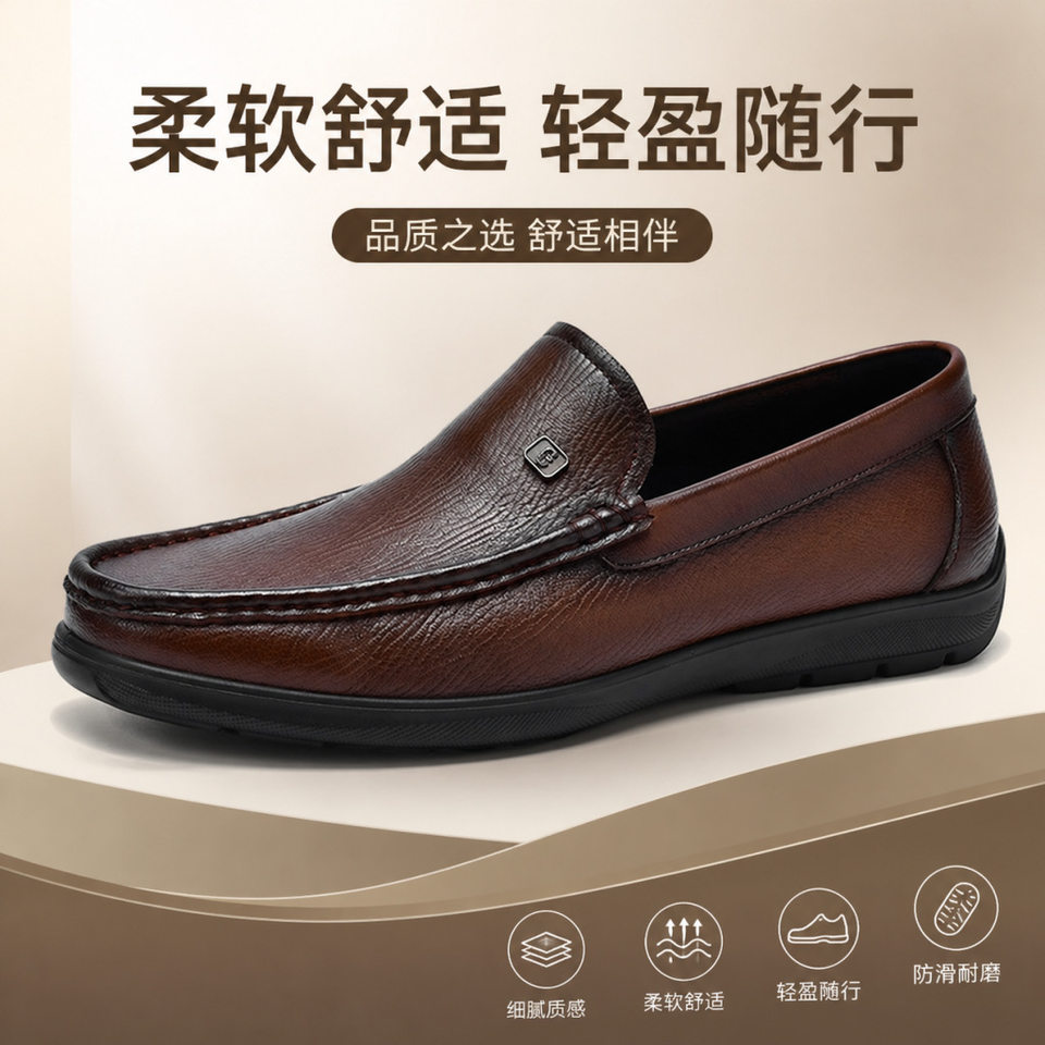 Giày lười nam da thật mũi tròn, giày da nam kiểu lười xỏ chân đế mềm, gót thấp 1–3 cm — Thương mại Brown, Thời trang đen