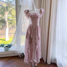 2026新品烟雾粉海边度假夏季新款法式气质长拖尾无袖连衣裙 69622