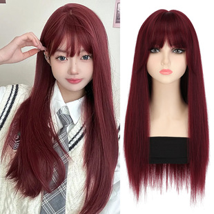 New Wig Female Long Hair Full Head Cover Raspberry Red Long Straight Hair Fashion Natural Cos Full Head Hair Cover Spot Wholesale