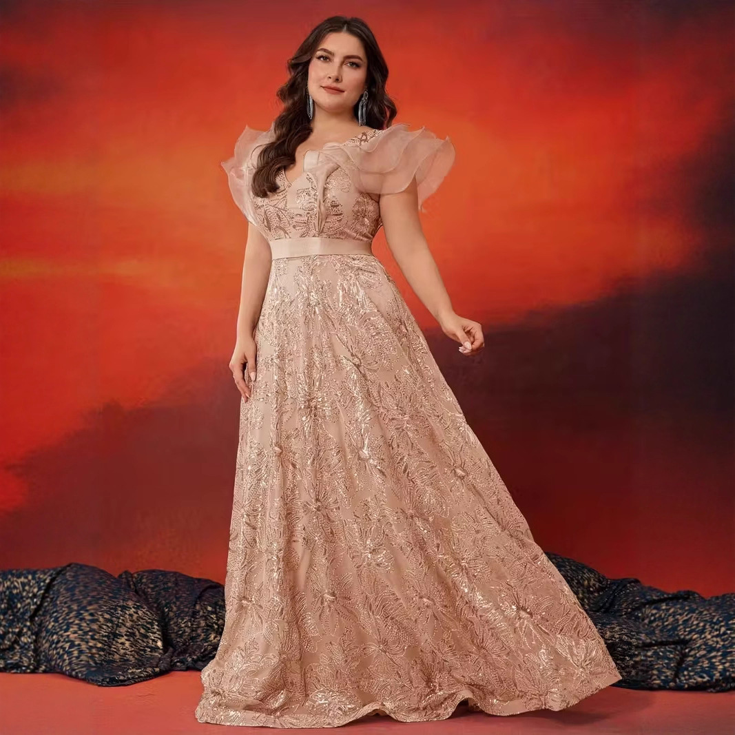 New European and American Sequin Splicing Satin Sleeveless V Neck Large A-Hem Ladies Elegant Dinner Prom Dress