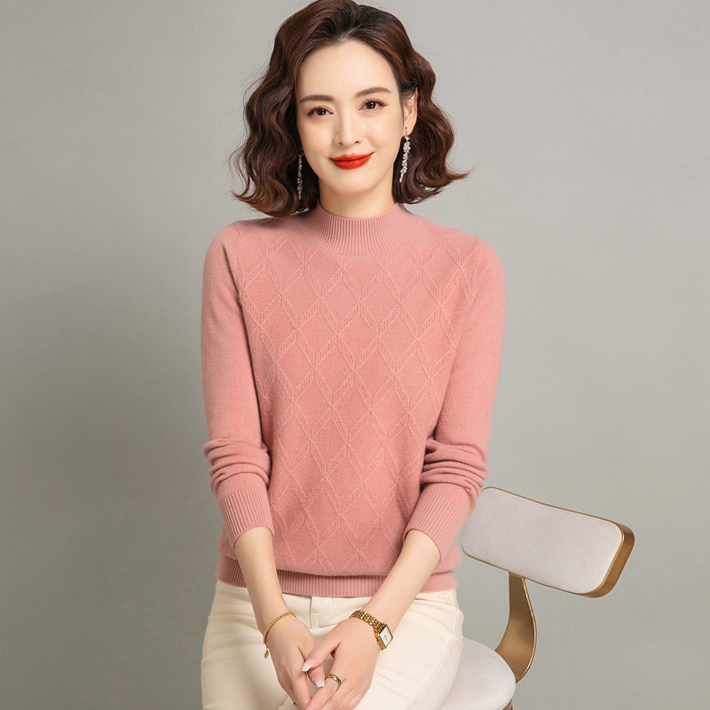 Simple and Elegant Cashmere Sweater for Women, Fashionable and Stylish Knitwear for Middle-Aged Moms, Half-Turtleneck Base Layer Top for Women