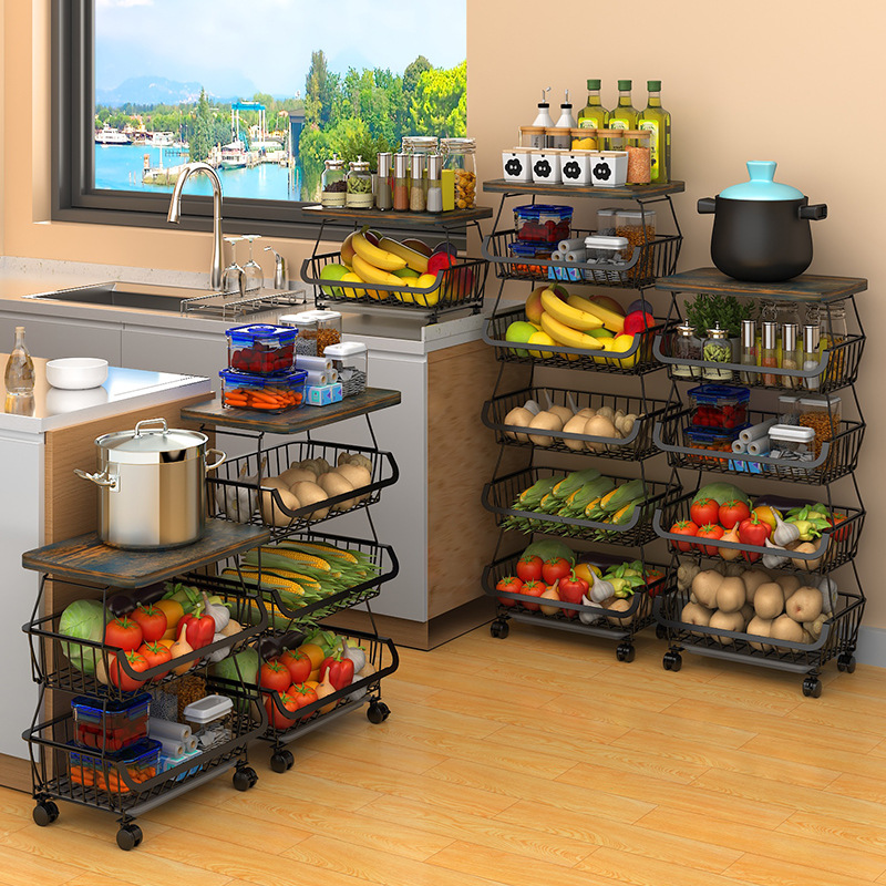 Cross-border New Floor Style with Wood Vegetable and Fruit Storage Basket Kitchen Multi-layer Disassembly Iron Fruit and Vegetable Basket Storage Rack