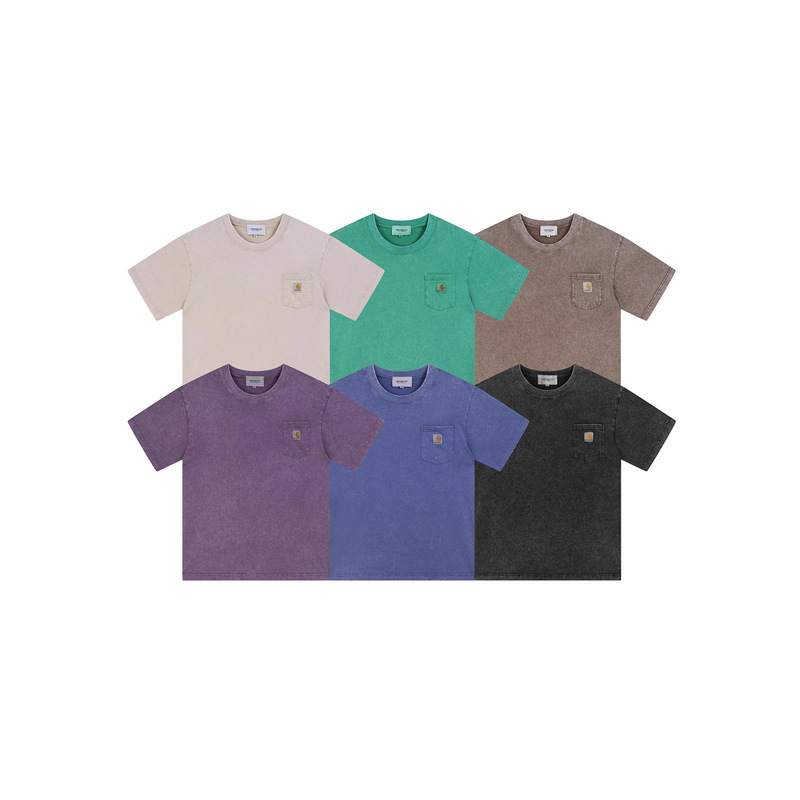 Cross-Border Export 2025 Spring and Summer Carhartt New Washed Pocket Logo Small Label T-Shirt for Men and Women Couples Short Sleeves