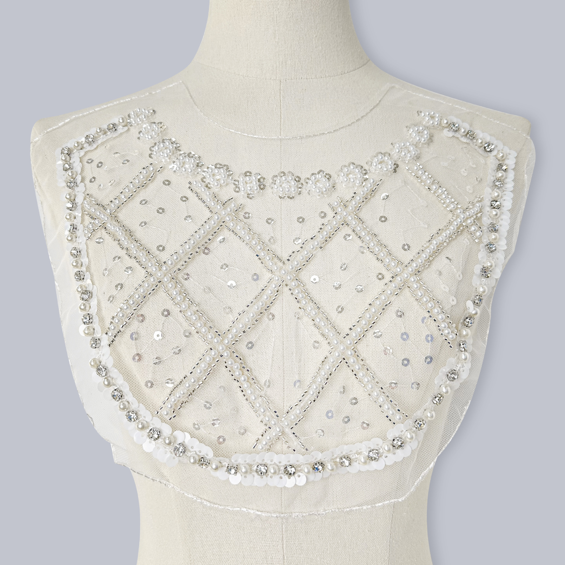 Vestido de mujer al por mayor cuello de perla de costura de malla de hilo de ropa infantil cuello delantero y trasero diy accesorios de encaje de diamante image 7