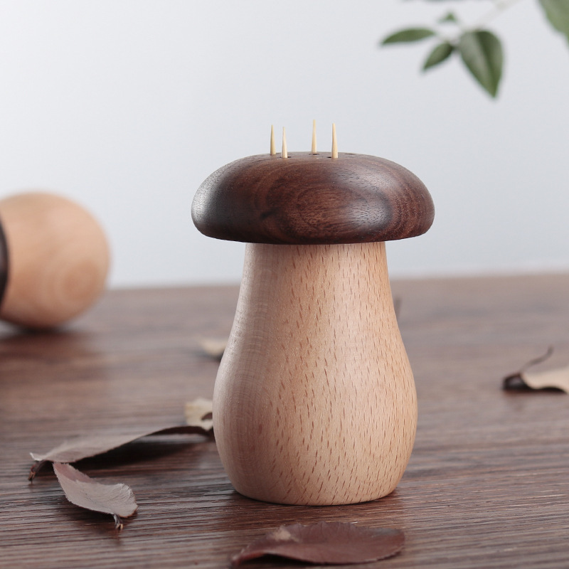 Creative And Practical Solid Wood Toothpick Holder Household Toothpick Box Black Walnut Beech Double Wooden Cute Mushroom Toothpick Jar