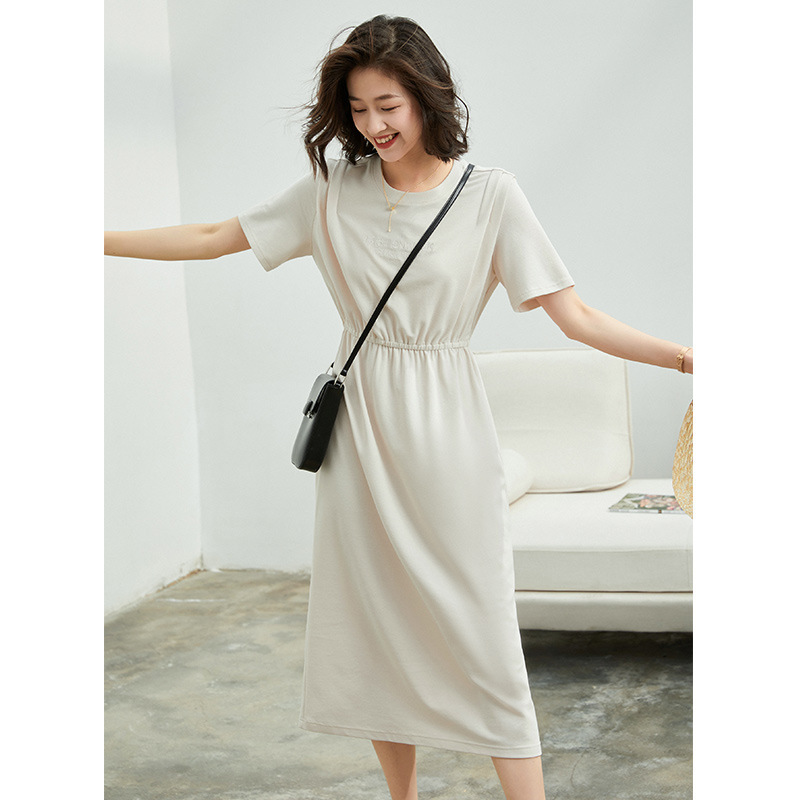 Air-sensing Commuter Dress Women's Summer Short-sleeved Cotton T-shirt Dress Embroidered Casual Tight Waist Slimming Simple Skirt