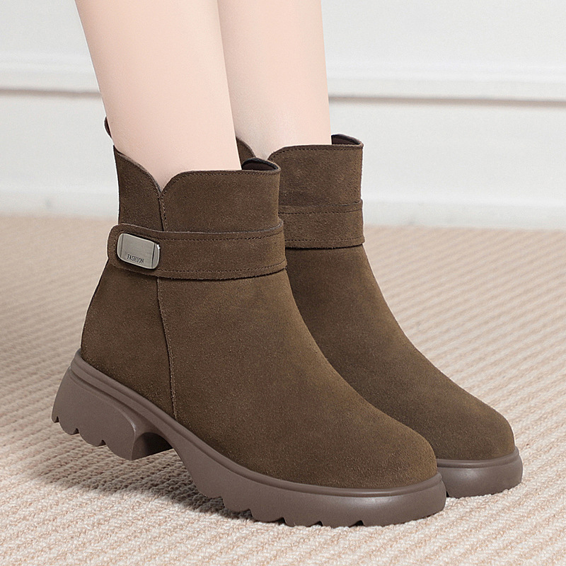 秋冬新款粗跟短靴女款厚底舒适软皮女靴中年女士羊毛雪地靴妈妈鞋