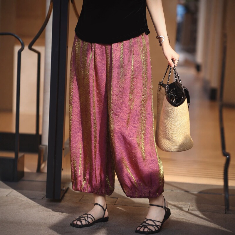 New Chinese-Style Rayon Shimmering Brocade Slimming Lantern Pants Fabric with a Stiff and Drapey Feel, Super Breathable and Cool Casual Pants for Summer