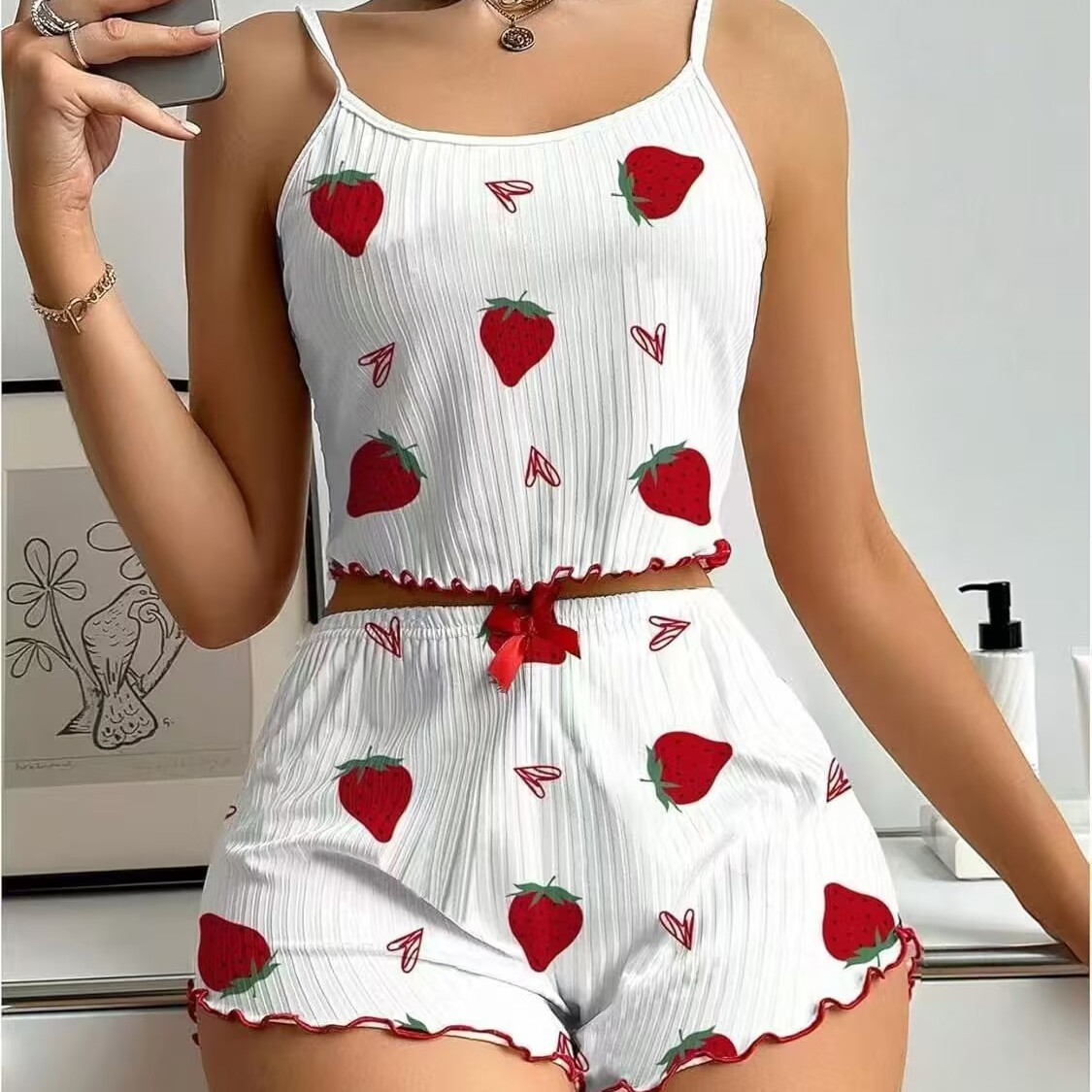 Cross-Border European and American Popular Pajamas for Women, Pit Strip Print, Pure Lust, Sexy Camisole Shorts, Home Clothes Two-Piece Suit