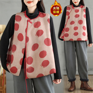 2024 Winter New Retro Ethnic Style Improved Polka Dot Printed Cotton Buckle Round Neck Vest Top for Women