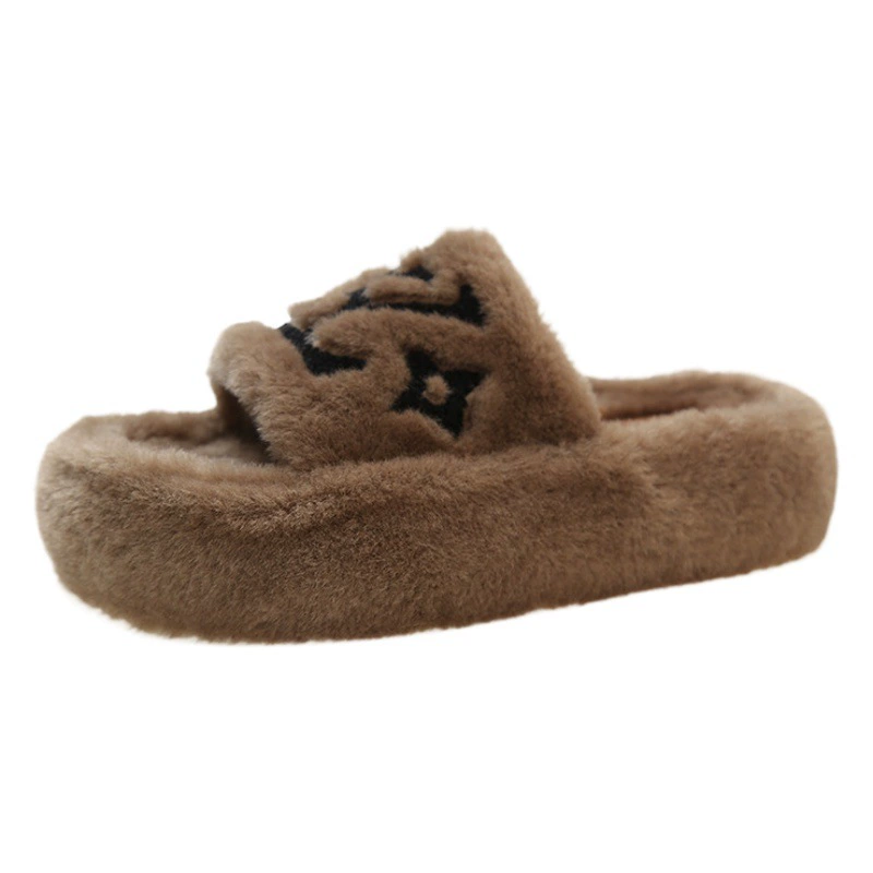 Продвинутый смысл сети красные шерстяные тапочки женские носить весна и осень 2025 новая толстая подошва моды удобные буквы хлопчатобумажные тапочки прилив