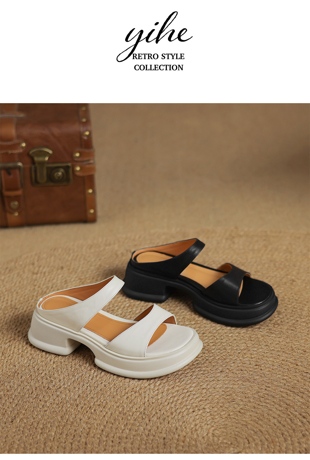 Dép sandal nữ quai ngang đế xốp da bò hở mũi gót thô cao — Màu đen chi tiết 13