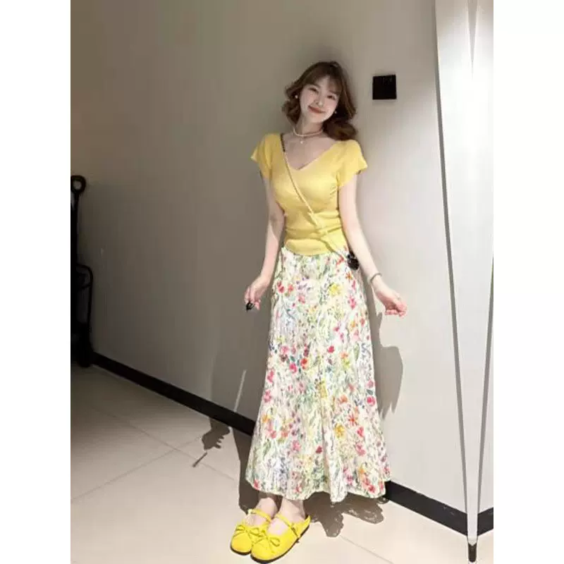 一字肩修身短袖针织T恤女装夏季套装高腰大摆长裙a字半身裙两件套