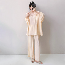 禅意风纯色绵绸睡衣女2025秋季新款长袖宽松棉绸家居服套装大码