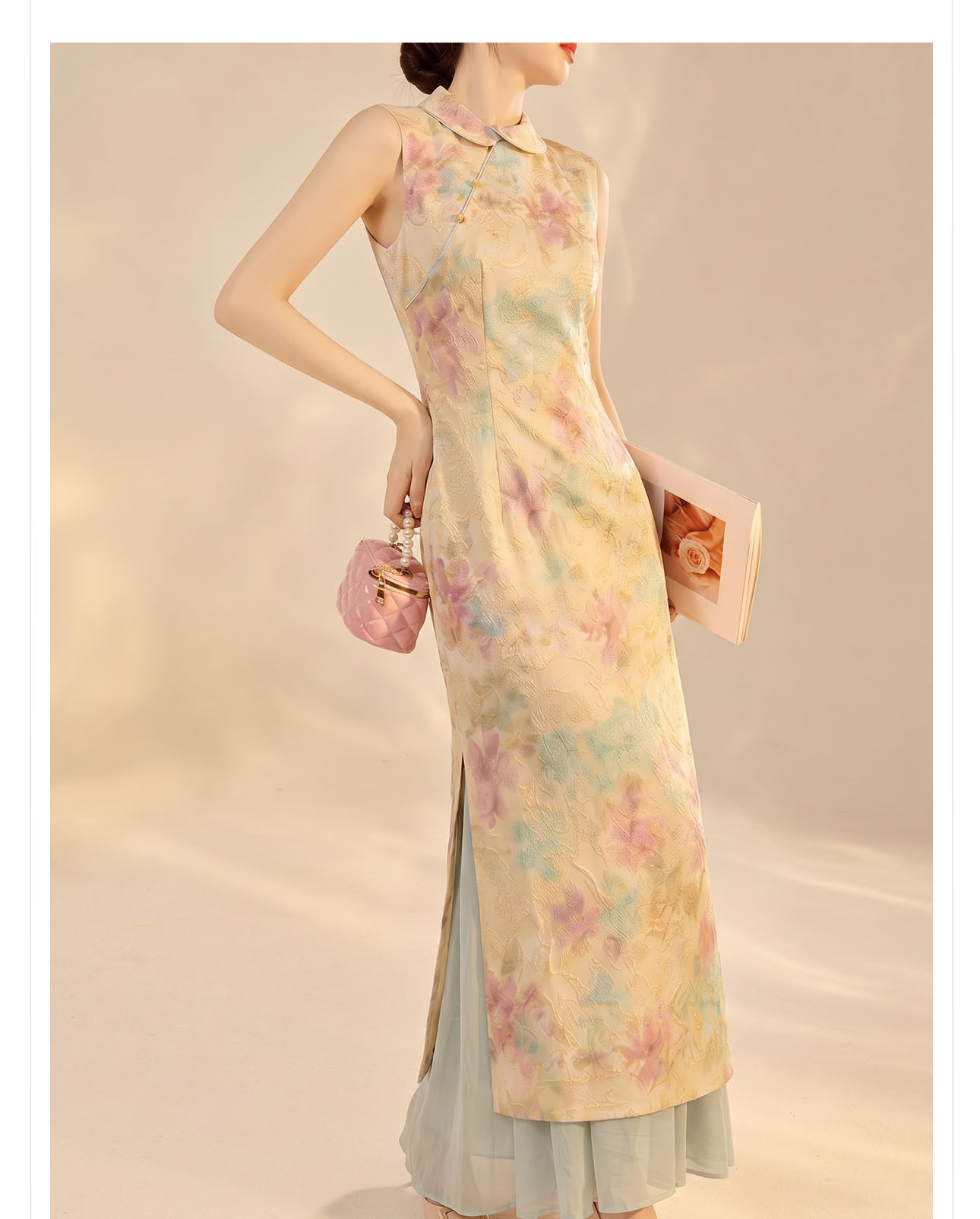 Đầm maxi sườn xám cải tiến tay áo ve áo in hoa xẻ tà — màu vàng chi tiết 13