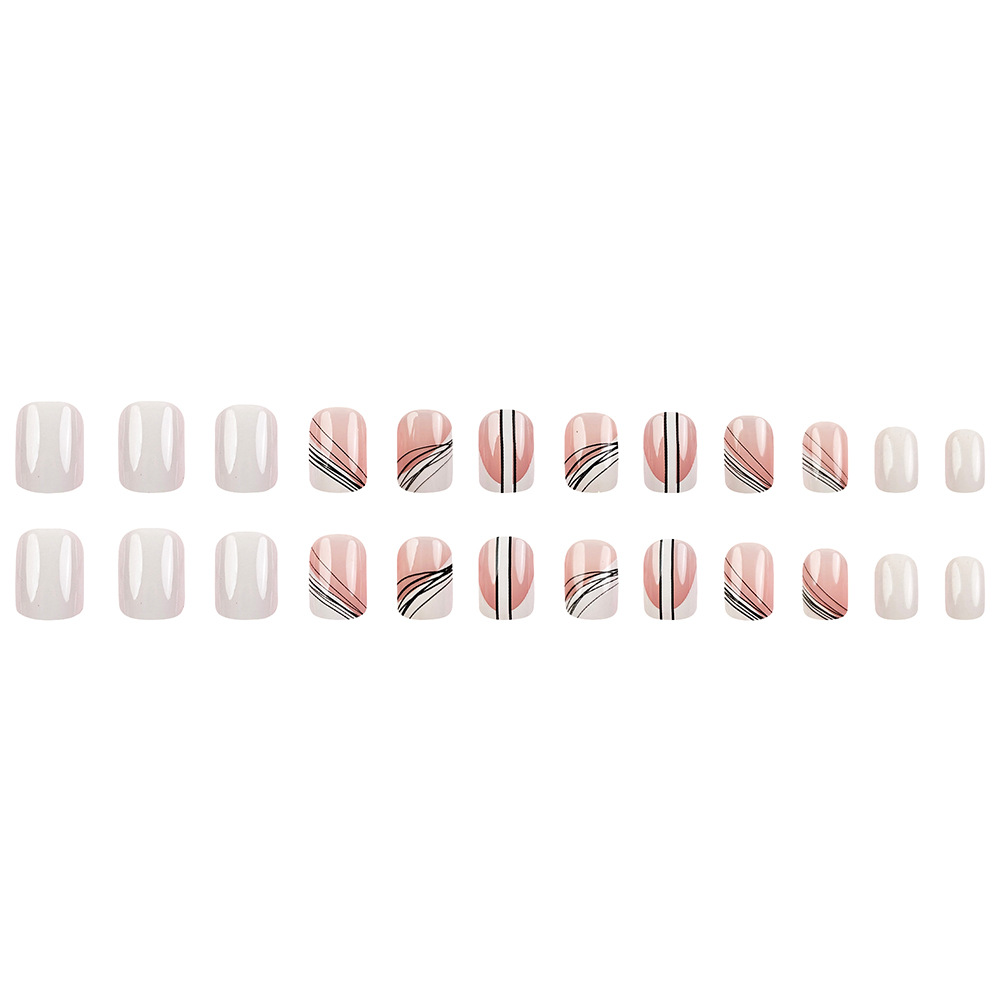 Líneas de color rosa y blanco estilo artístico de manicure, uñas cortas transfronterizas de venta caliente para vestir 24 piezas de parche de uñas empaquetado