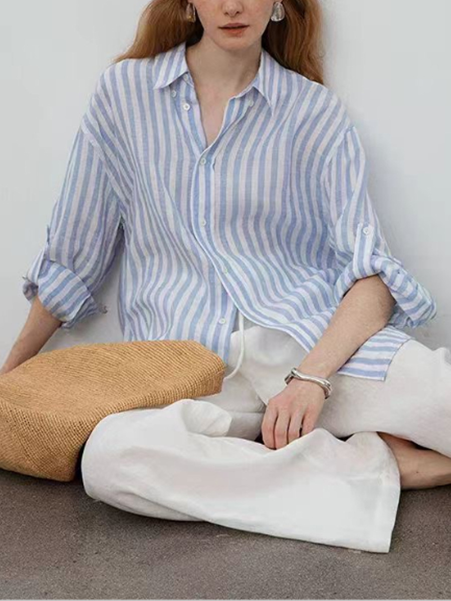 Áo sơ mi nữ linen sọc xanh trắng dáng rộng chống nắng mùa hè — Sọc xanh trắng