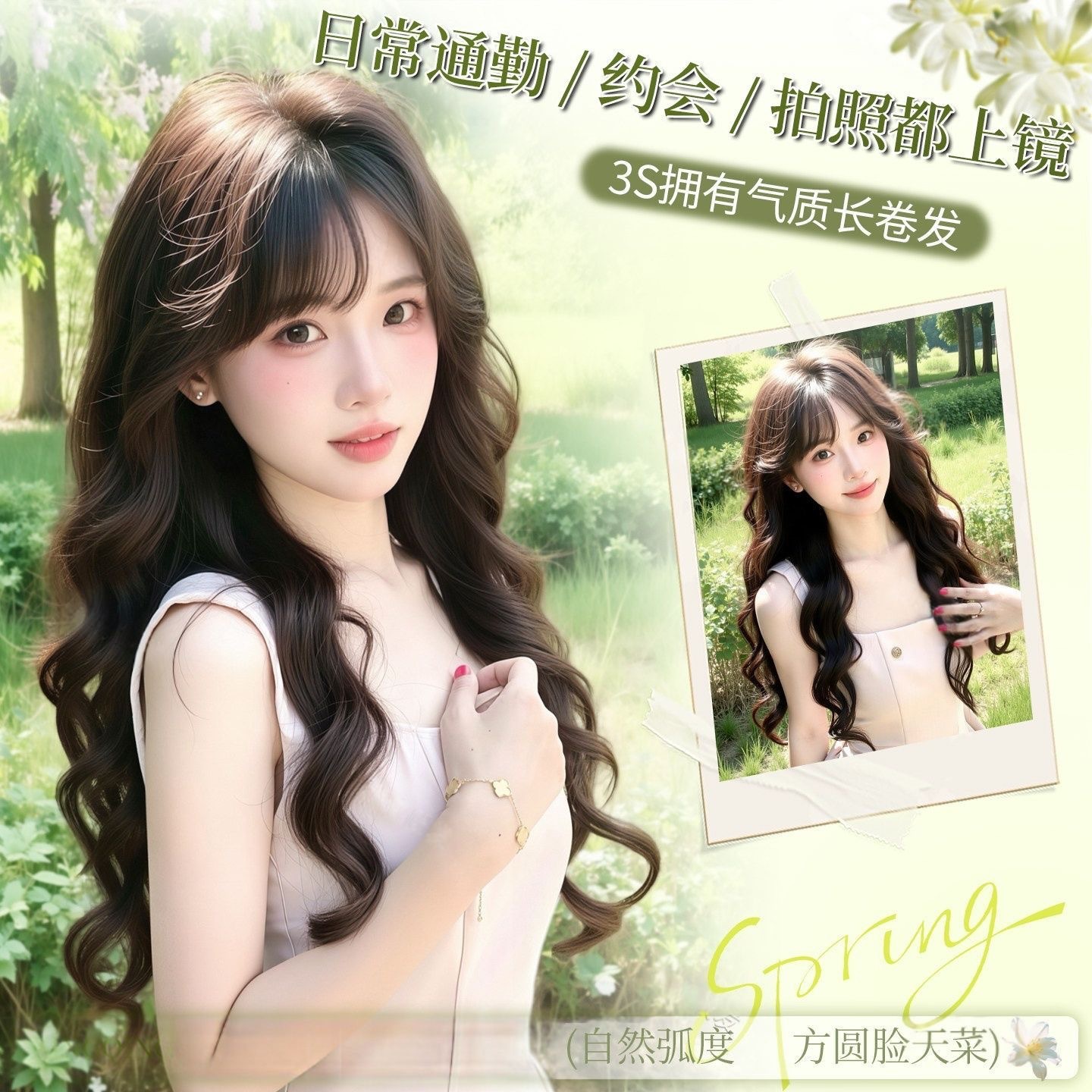 Parrucca ondulata da giorno di primavera per donna - Costume a testa intera con capelli ricci lunghi naturali in stile coreano
