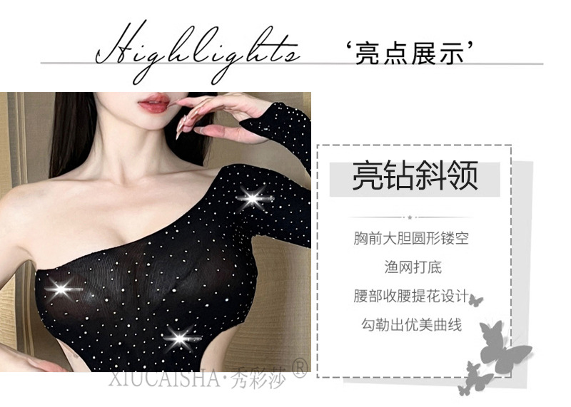 Plus Size Rhinestone-Embellished Mesh One-Piece Lingerie, Black Off-Shoulder Polyester Nightgown — detail image 6