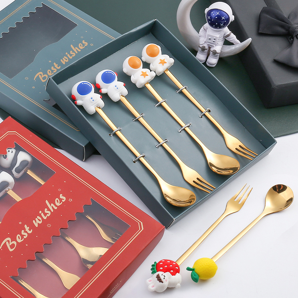 Wholesale Q Cartoon Children's Tableware Cute Stainless Steel Spoon Dessert Spoon Gift Set Creative Baby Fruit Fork
