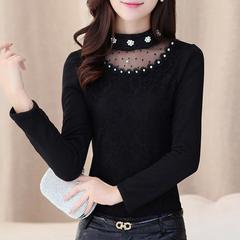 Thermal-lined / Unlined 2025 Autumn/Winter New Women's Long Sleeve Blouse with Mesh Lace Thermal Base Shirt