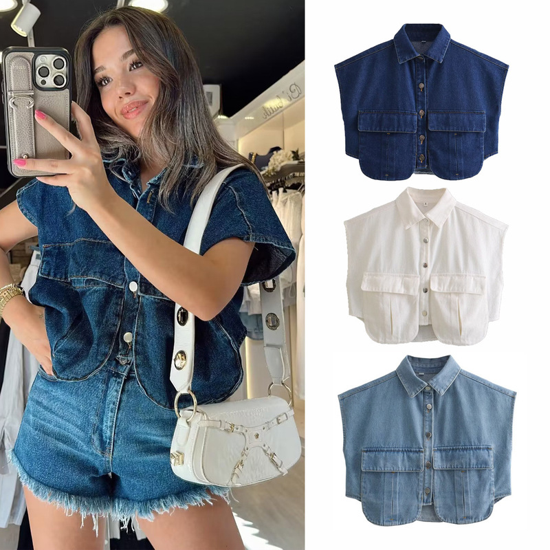 Amazon Women's solid color large pocket stitching irregular cardigan Polo collar shirt Denim top A19846