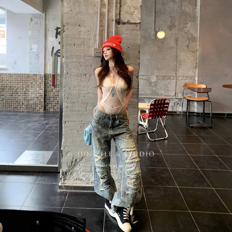 Lace Camisole Women's Outer Jumpsuit Sexy Hot Girl Top Straight Wide Leg Ripped Jeans Suit Summer