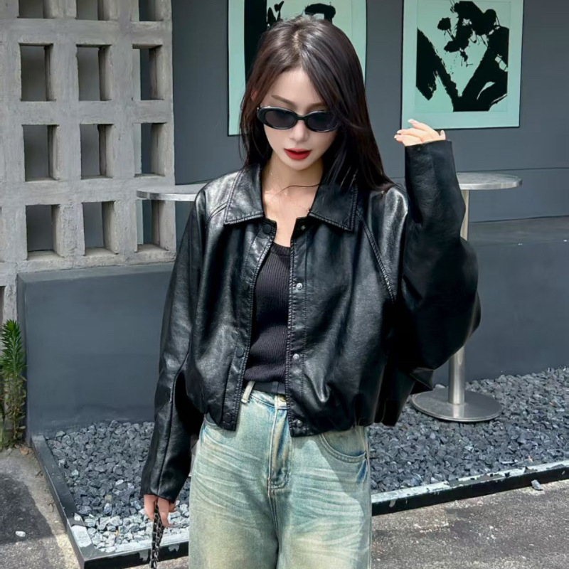 复古港风蝙蝠袖皮衣外套女2025春秋新款时髦炸街短款pu皮洋气夹克|undefined