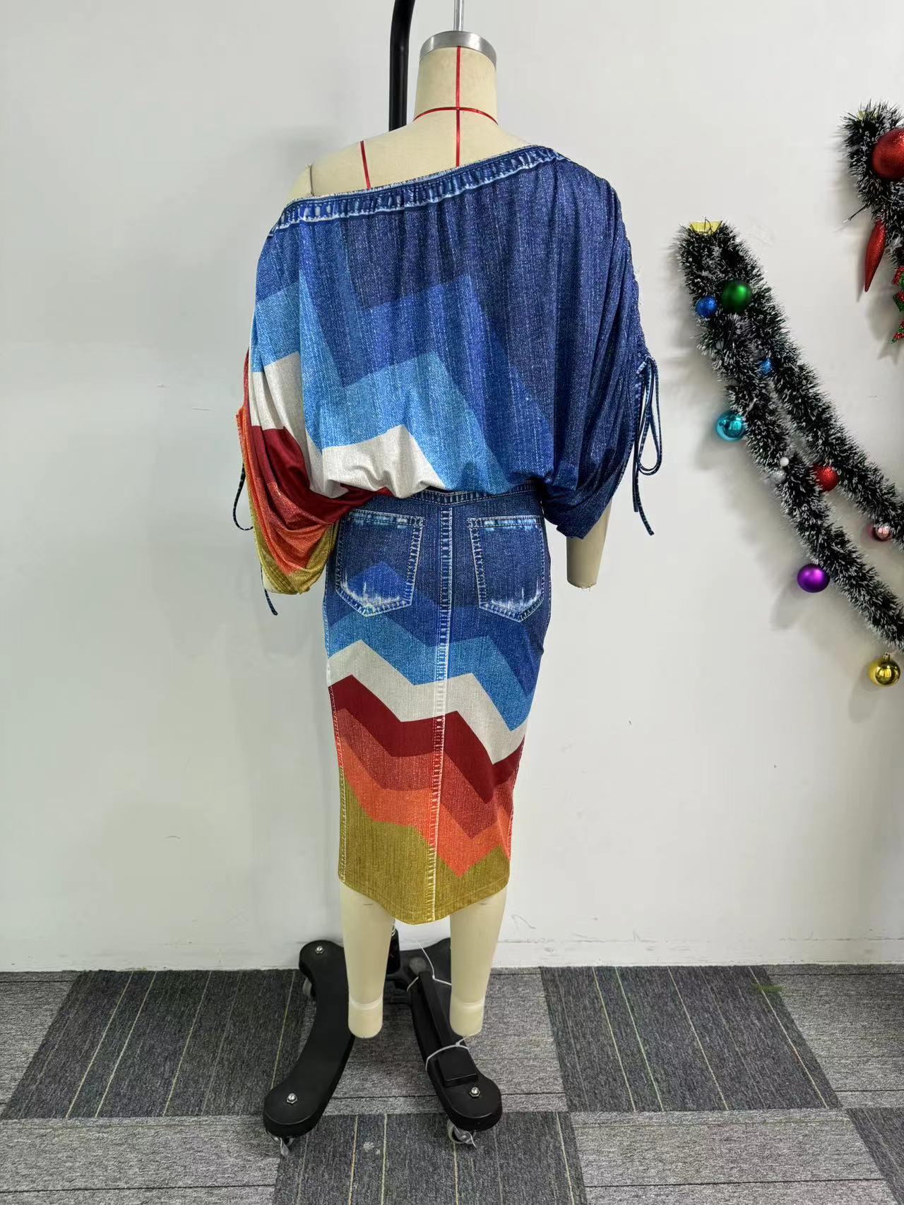 Off Neck Printed Batwing Sleeve Top Split Skirt Two Piece Set