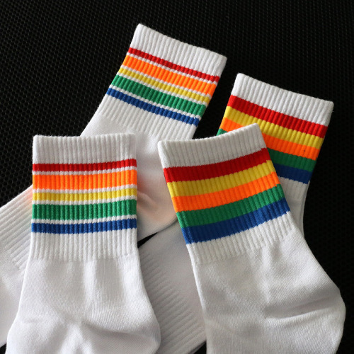 Fashionable casual sports socks spring, summer and autumn thin mid-tube rainbow men's socks college style street socks