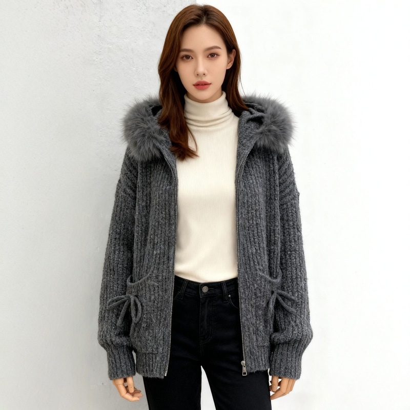 2025 New Autumn and Winter Women's Korean Style Sweater, Lazy Style, High-End, Removable Large Fur Collar Hooded Knitted Cardigan