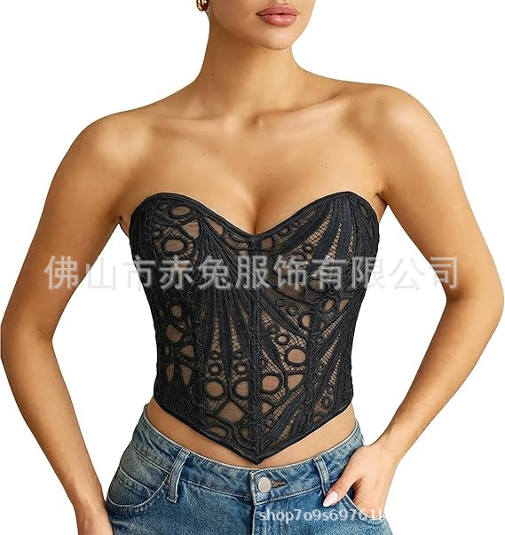 1 blusa de corsé en forma de corazón bordada con malla de malla de mujer y flores con hueso de pescado atado en la parte trasera image 6