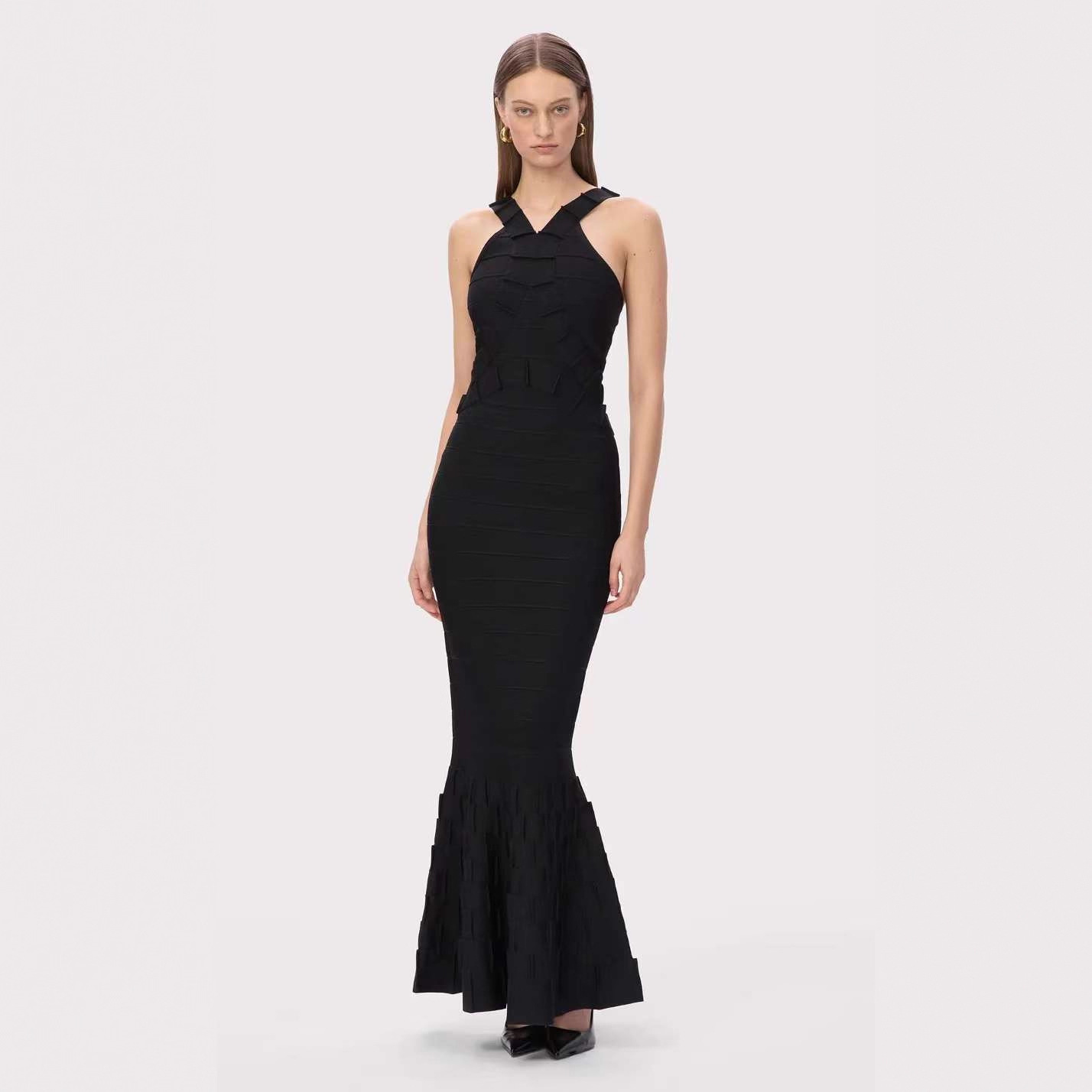 Cross-Border High-End Black Fishtail Dress Women's Evening Dress Slimming Three-Dimensional Cut Bandage Evening Dress
