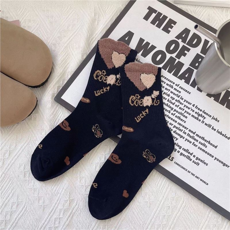 Socks, autumn and winter, coffee color, ins, little bear feathers, ladies' net red middle tube, cute three-dimensional_voghion.com