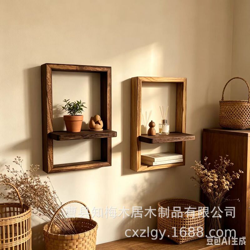 Solid wood wall shelf, solid wood wall-mounted storage rack, decorative shelf for living room and bedroom, plant stand