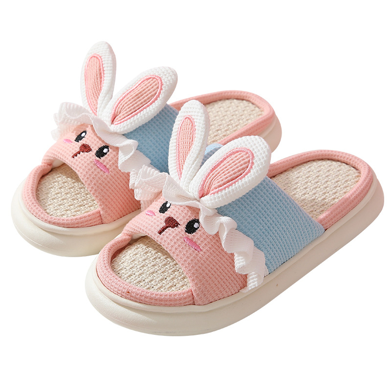 Zapatillas de lino para las mujeres primavera y otoño cuatro estaciones transpirable sudor-absorbente grueso inferior desgaste al aire libre hogar antideslizante mudo lindo conejo de dibujos animados